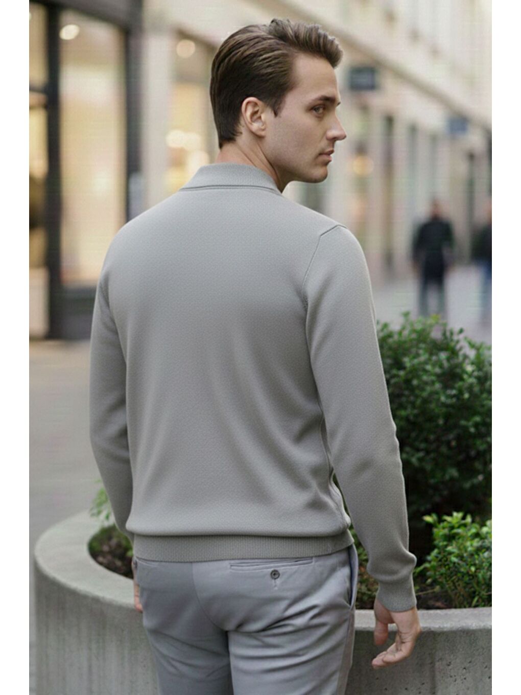 Gri Erkek Polo Yaka Yarım Fermuarlı Kendinden Desenli Triko Kazak-1