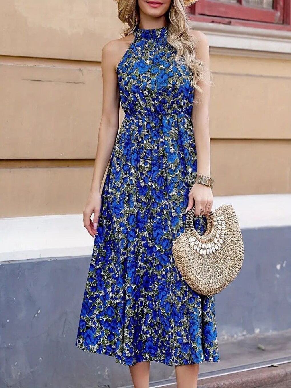 Mavi Kadın Omuz Dekolteli Halter Yaka Desenli Maxi Süprem Elbise-1