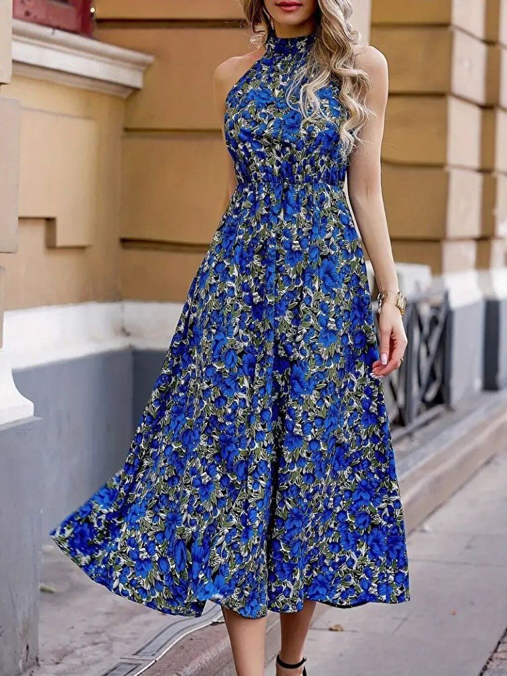 Mavi Kadın Omuz Dekolteli Halter Yaka Desenli Maxi Süprem Elbise-3