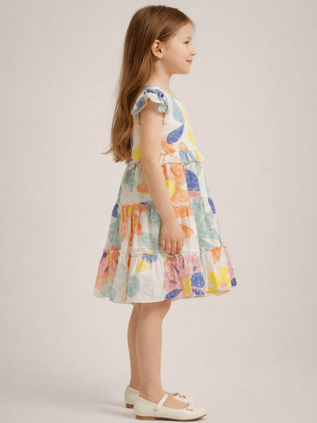 Yeşil Bisiklet Yaka Çiçek Desenli Kız Çocuk Elbise-1