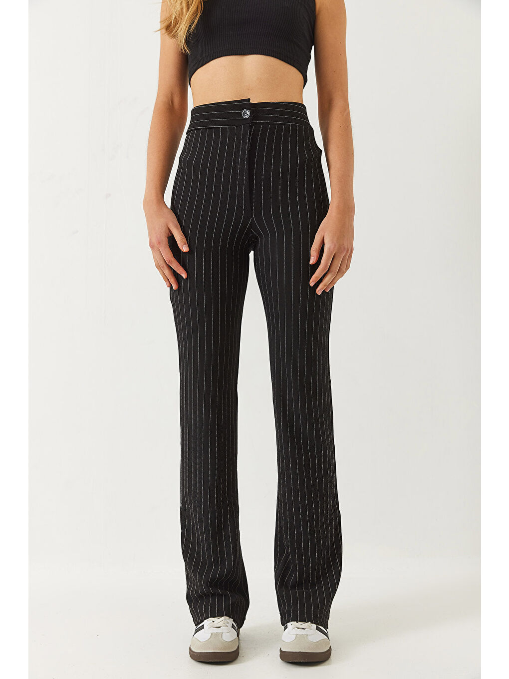 Siyah Kadın Yüksek Bel Çizgili İspanyol Kesim Pantolon