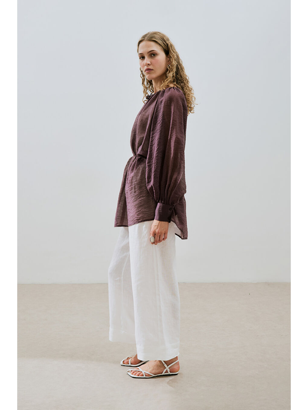 Geniş Manşetli Kuşaklı Tunik Bordo-4
