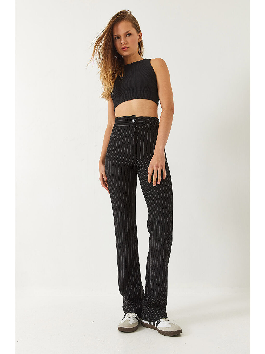 Siyah Kadın Yüksek Bel Çizgili İspanyol Kesim Pantolon-2