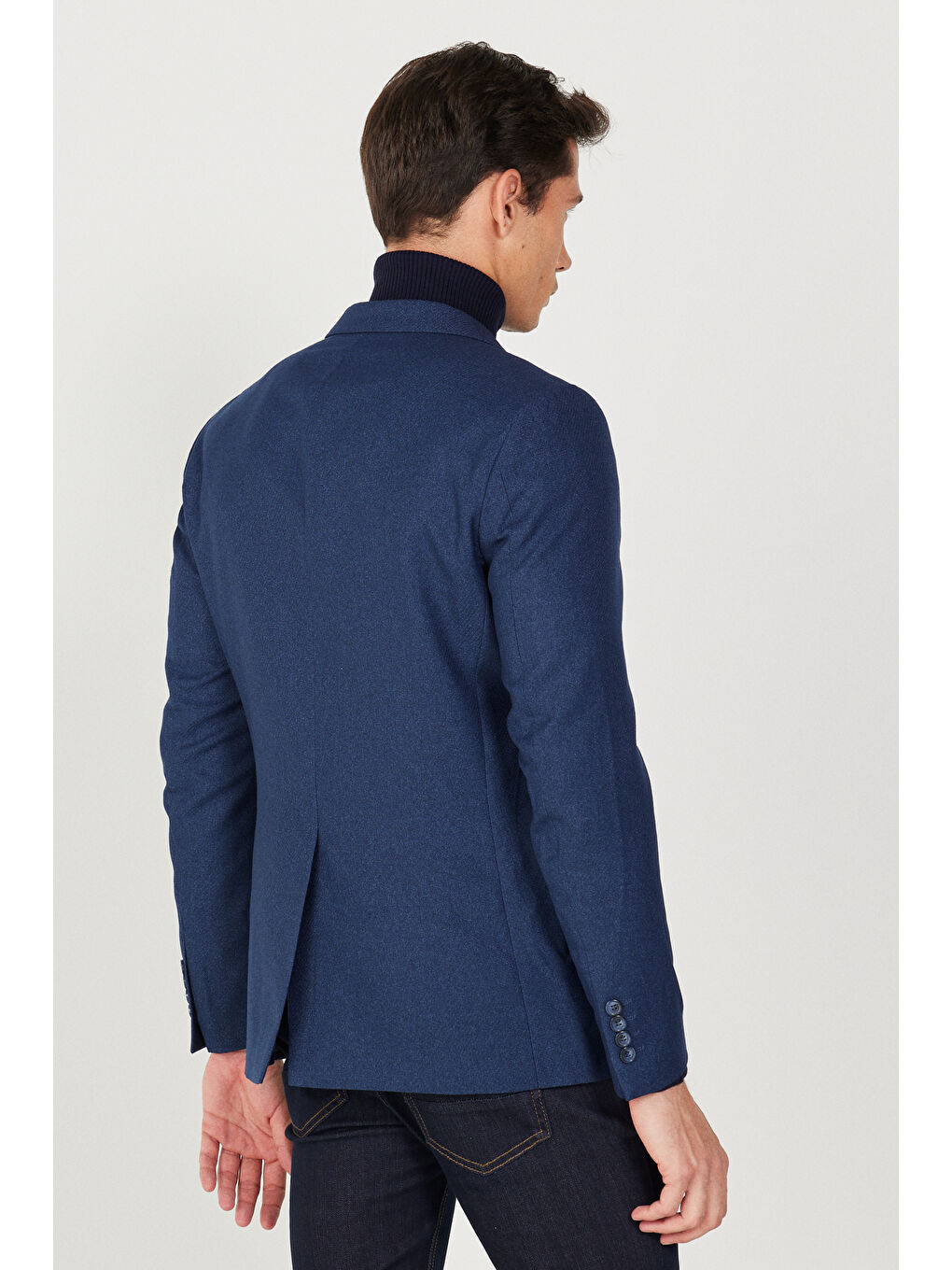 Erkek Lacivert Slim Fit Dar Kesim Kırlangıç Yaka Desenli Ceket-5