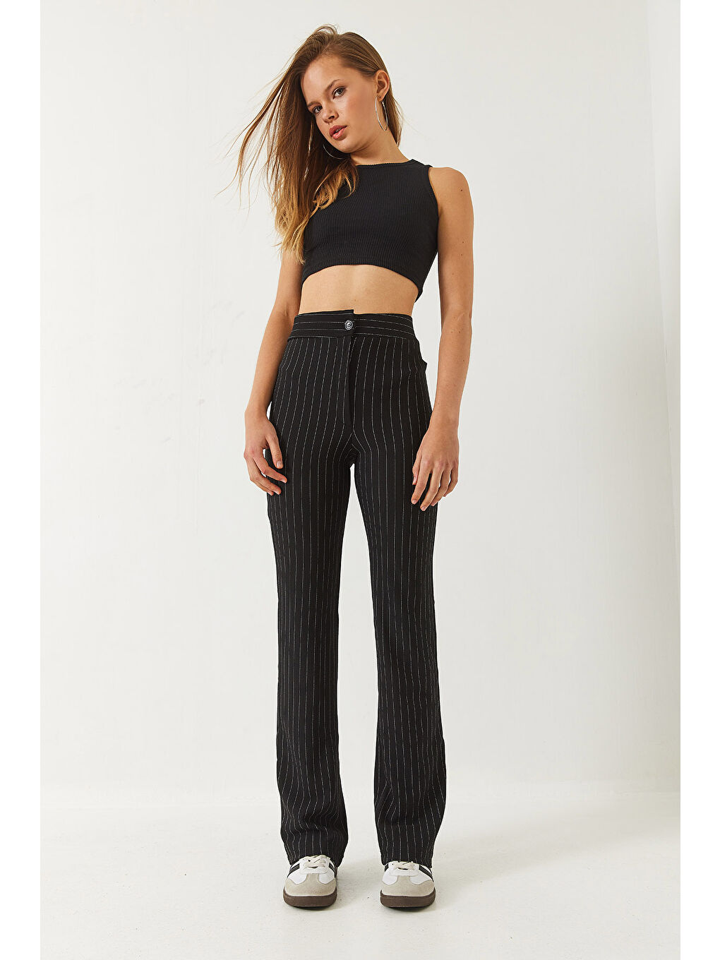 Siyah Kadın Yüksek Bel Çizgili İspanyol Kesim Pantolon-3