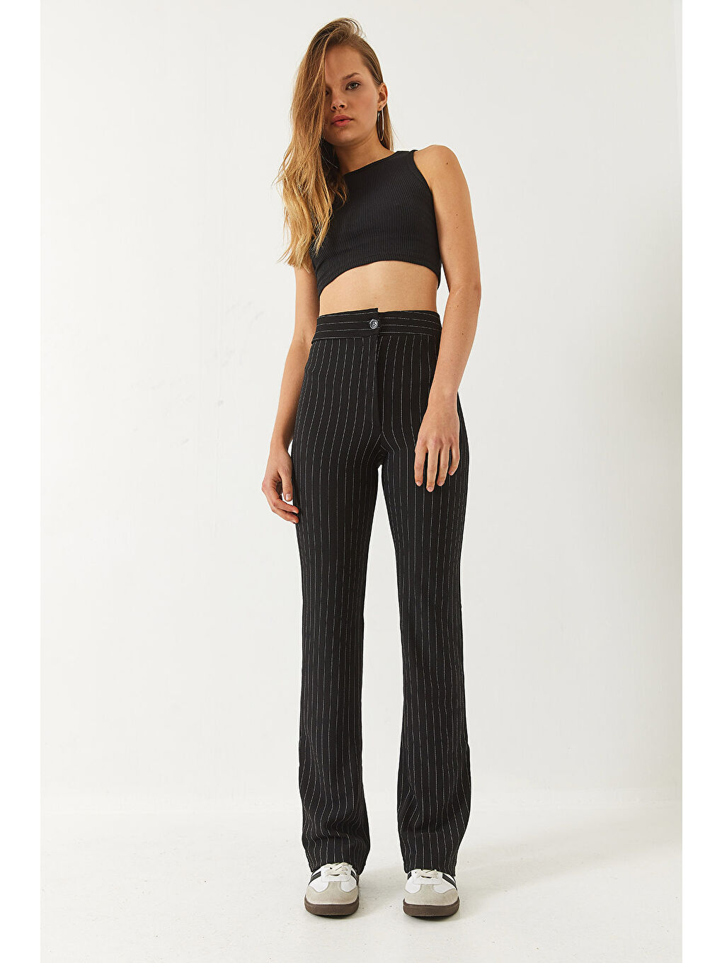 Siyah Kadın Yüksek Bel Çizgili İspanyol Kesim Pantolon-4