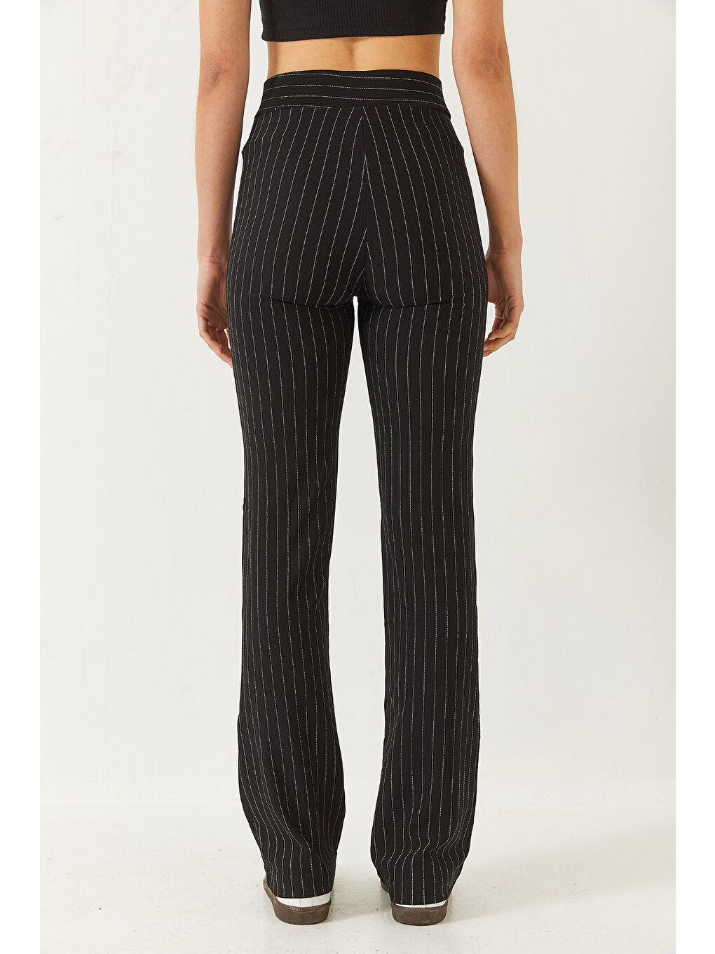 Siyah Kadın Yüksek Bel Çizgili İspanyol Kesim Pantolon-6