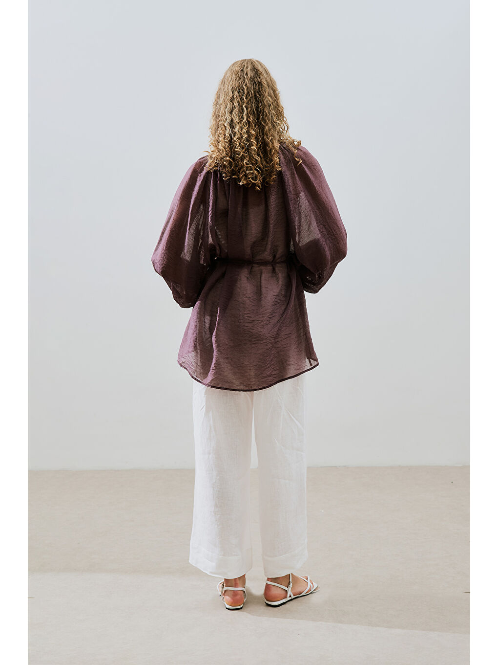 Geniş Manşetli Kuşaklı Tunik Bordo-5