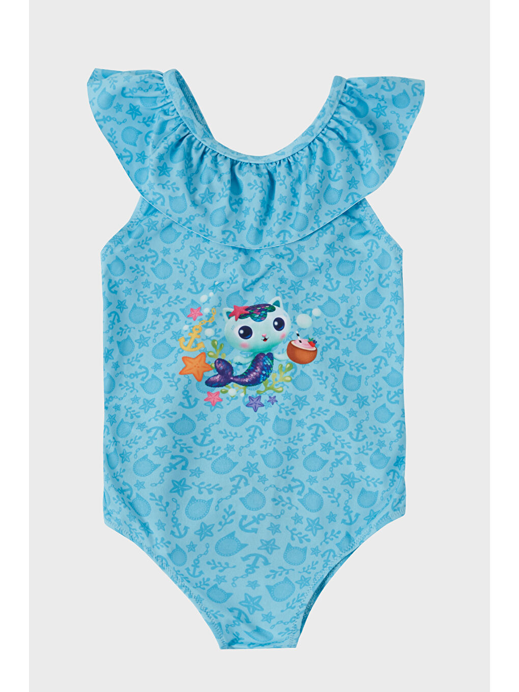 Mavi Mercat Desenli Fırfırlı Çabuk Kuruyan Kız Çocuk Mayo SM2512120001