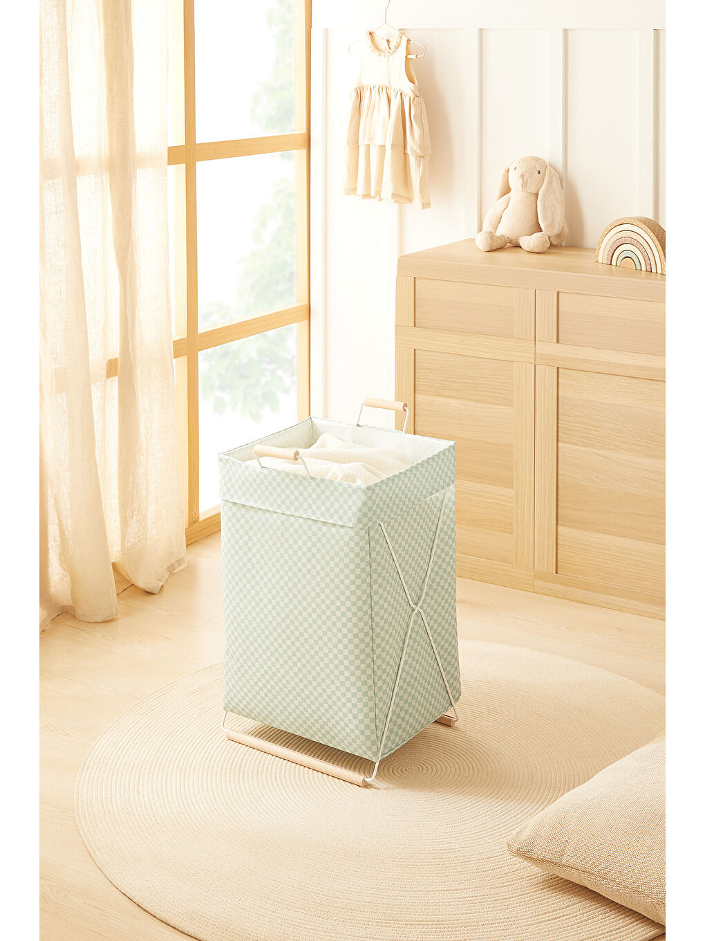 Yeşil Katlanabilir Metal Destekli Beyaz Renk Mint Dama Desen Çamaşır Sepeti 36 x 33 x 60 cm-3