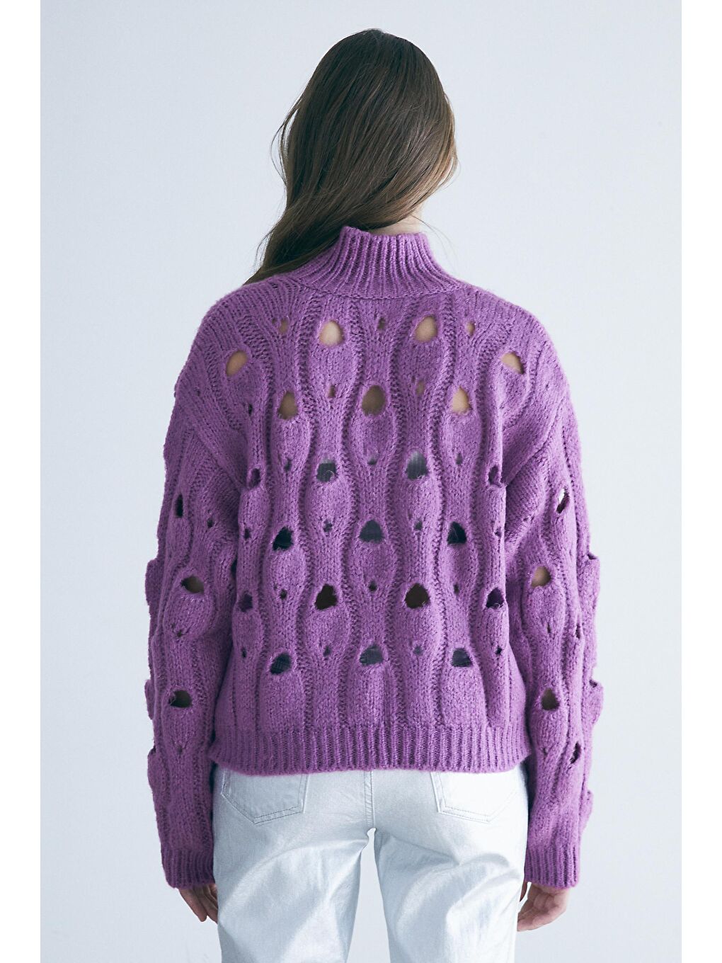 Mor Dik Yakali Delik Jakar Detaylı Kazak-4