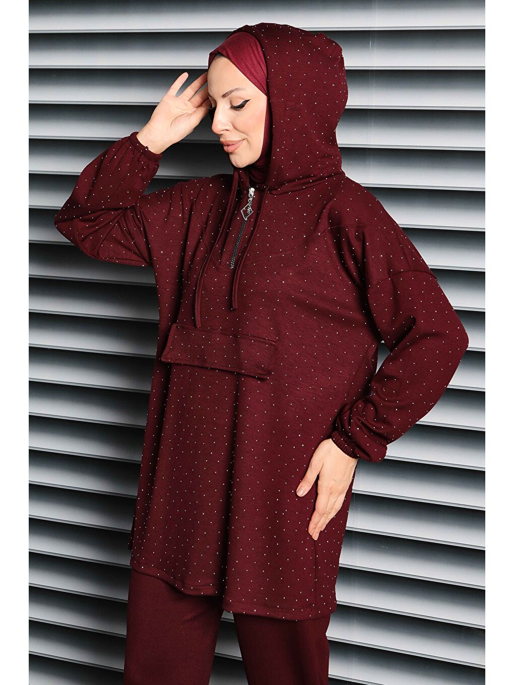 Taşlı Modal İkili Takım Bordo - 27861-BORDO-2