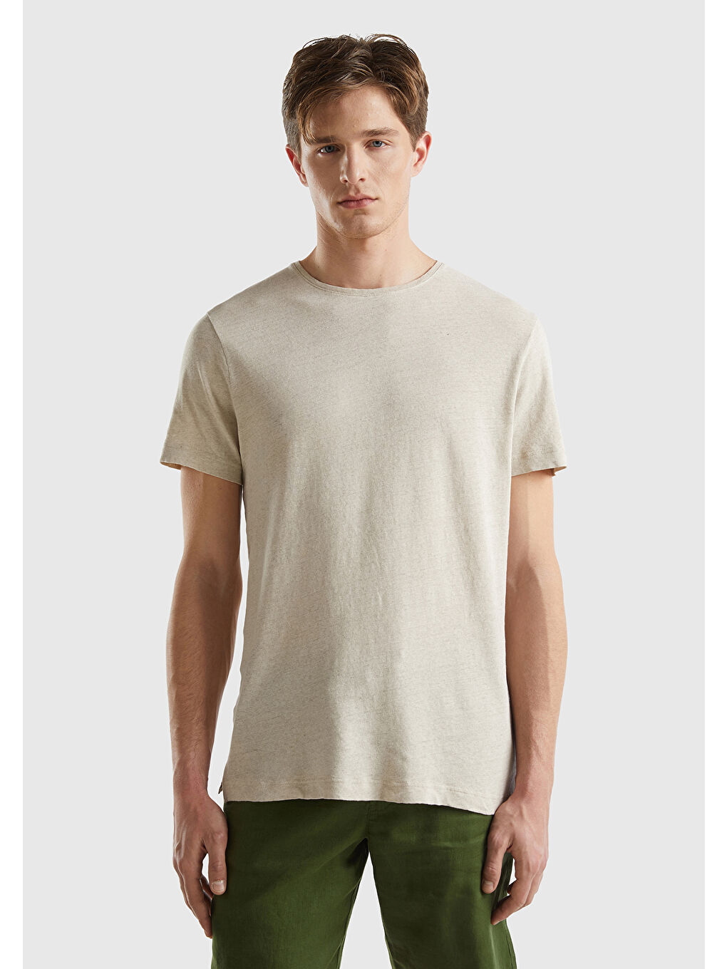 United Colors Of Benetton Erkek Bej Keten Karışımlı Bisiklet Yaka Basic T-Shirt