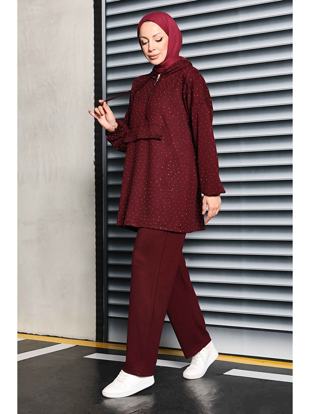 Taşlı Modal İkili Takım Bordo - 27861-BORDO-3