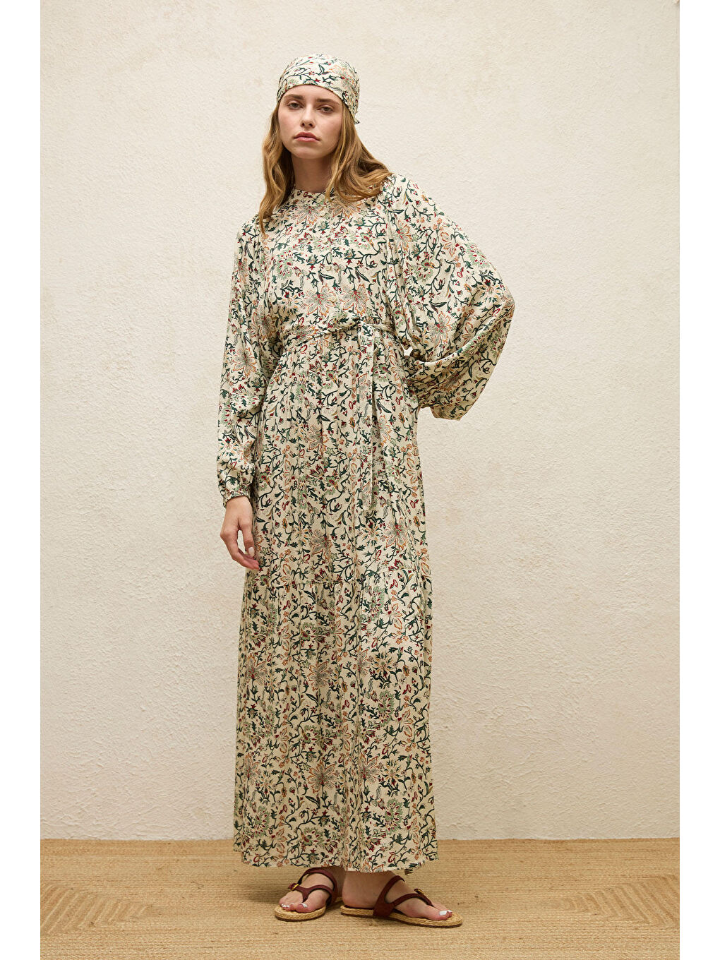 Ekru Viskon Balon Kol Elbise Ira-1