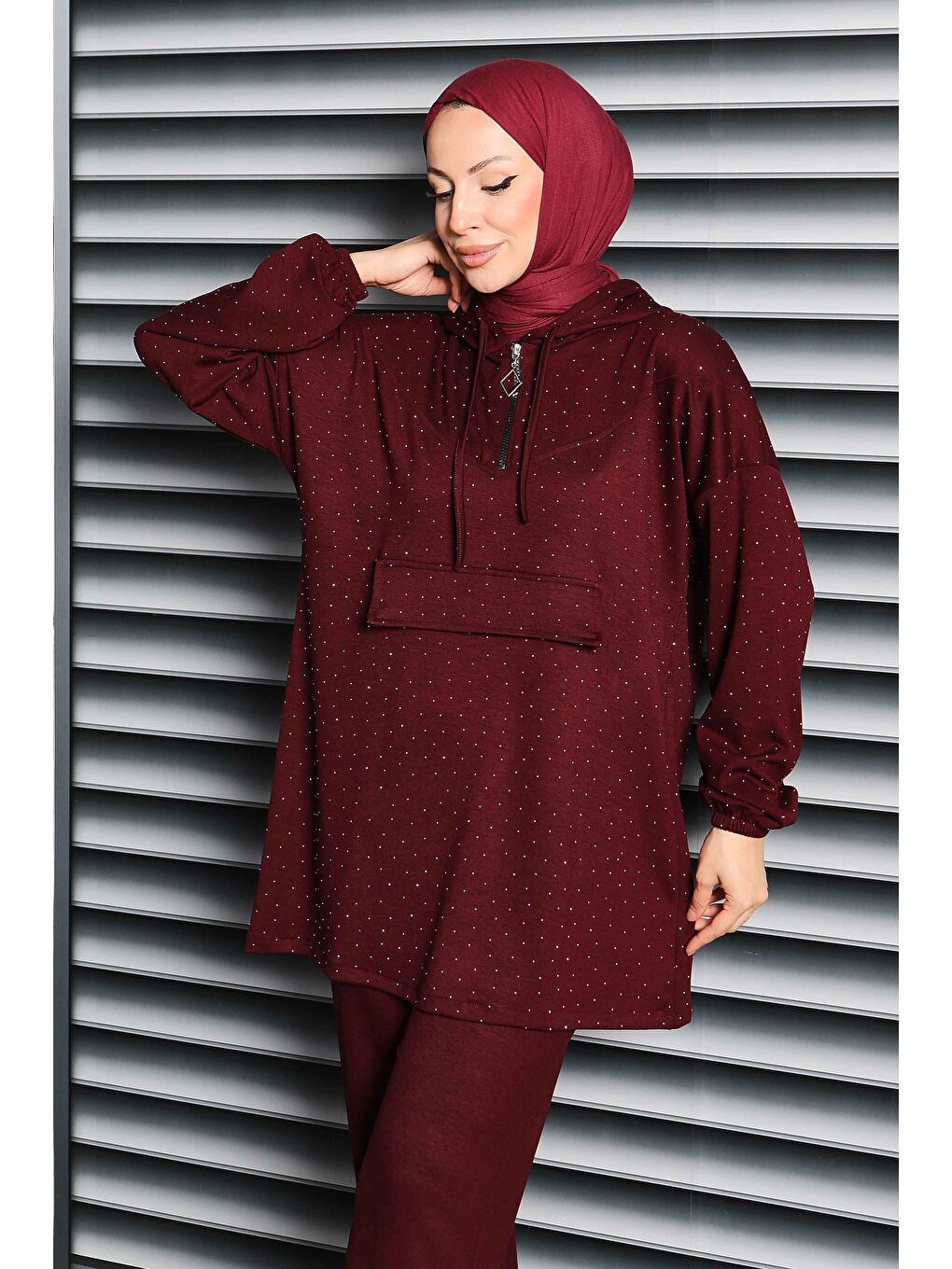 Taşlı Modal İkili Takım Bordo - 27861-BORDO-4