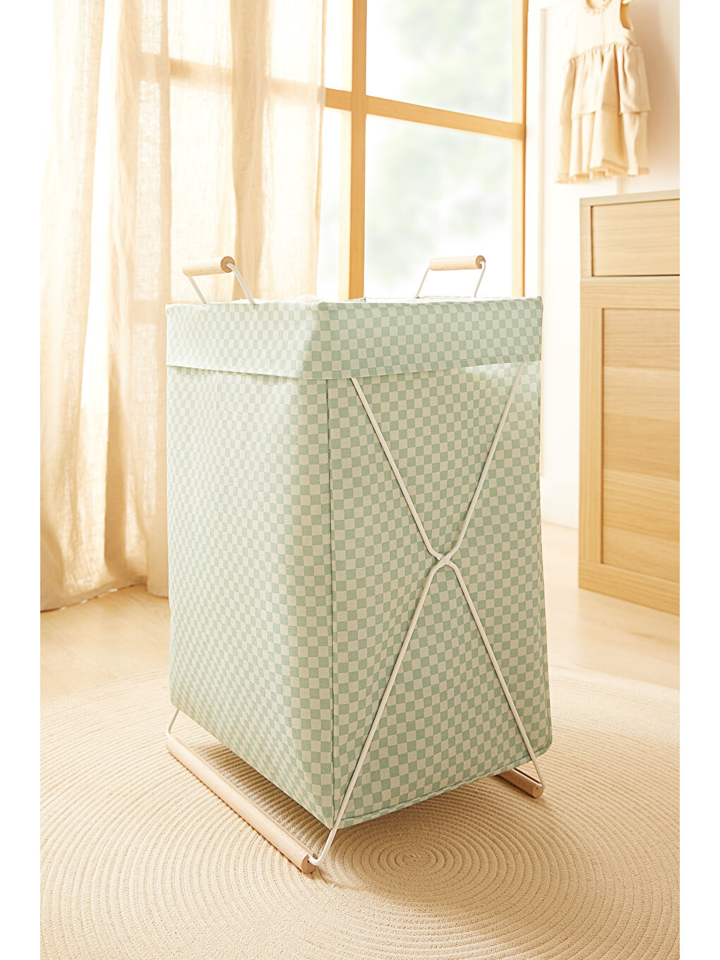 Yeşil Katlanabilir Metal Destekli Beyaz Renk Mint Dama Desen Çamaşır Sepeti 36 x 33 x 60 cm-5