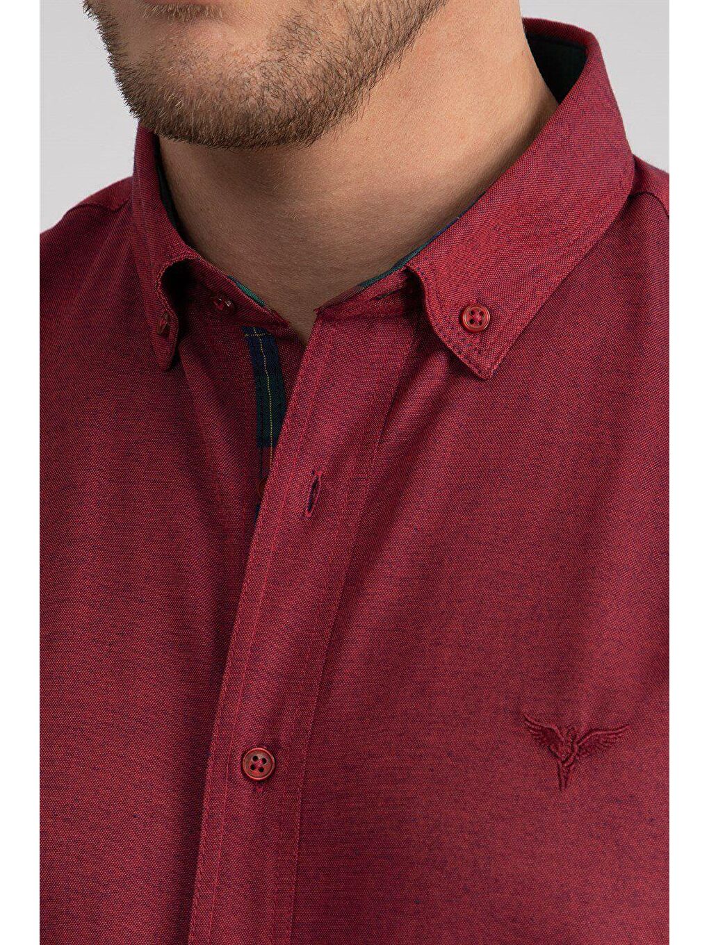 Erkek Slim Fit Dar Kesim Uzun Kollu Pamuklu Oxford Doku Kolay Ütülenebilir Fuşya Düğmeli Yaka Gömlek-2