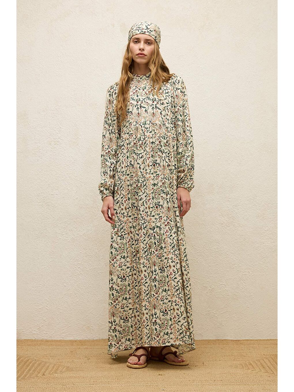 Ekru Viskon Balon Kol Elbise Ira-2