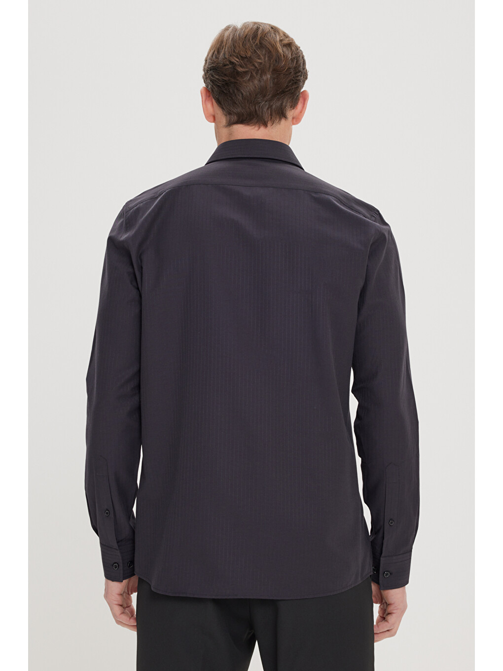 Erkek Siyah Pamuklu Slim Fit Dar Kesim Çizgili Klasik Yaka Gömlek-6