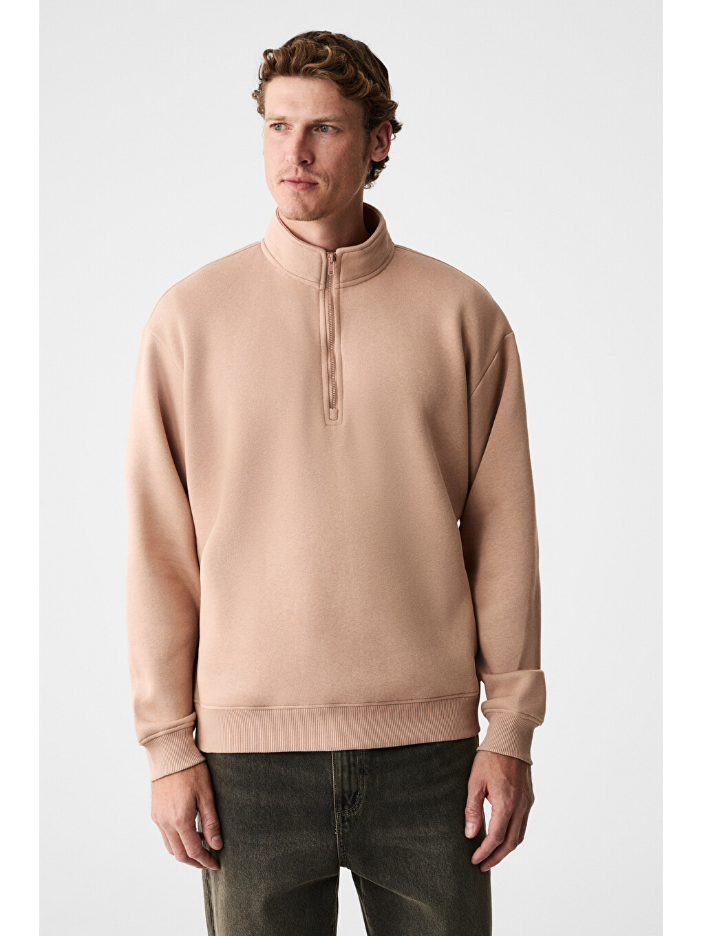Bej BAXTER Erkek Dik Yakalı Fermuarlı Relaxed VİZON Sweatshirt-3