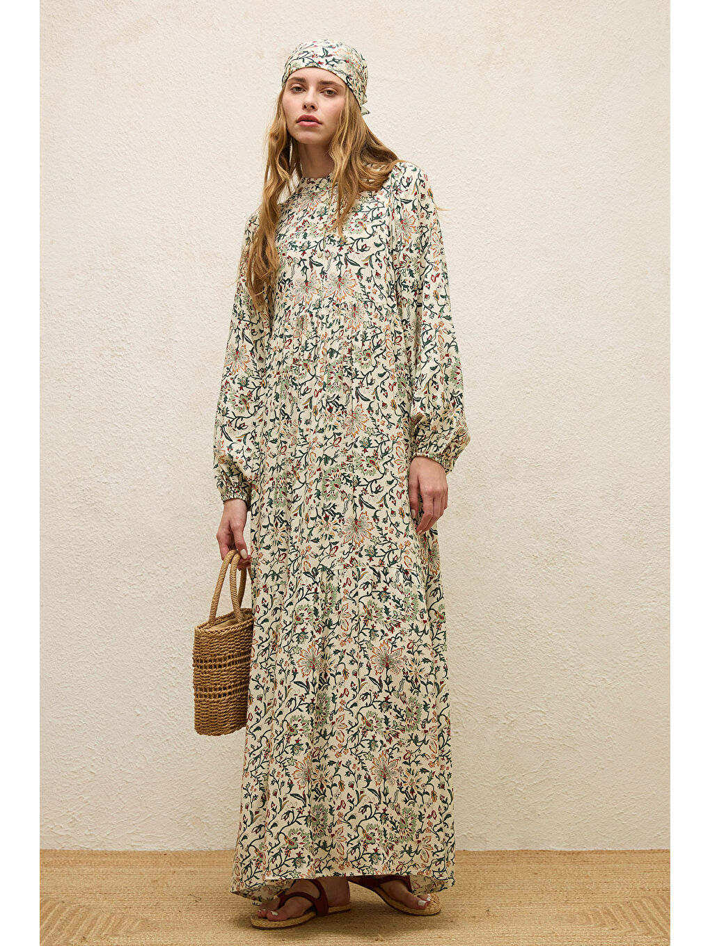 Ekru Viskon Balon Kol Elbise Ira-3