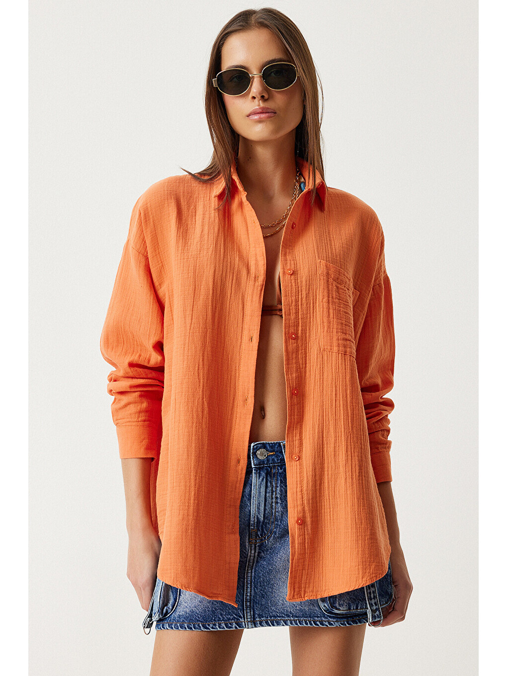 Turuncu Oversize Basic Müslin Gömlek ORANJ LMX0002-1