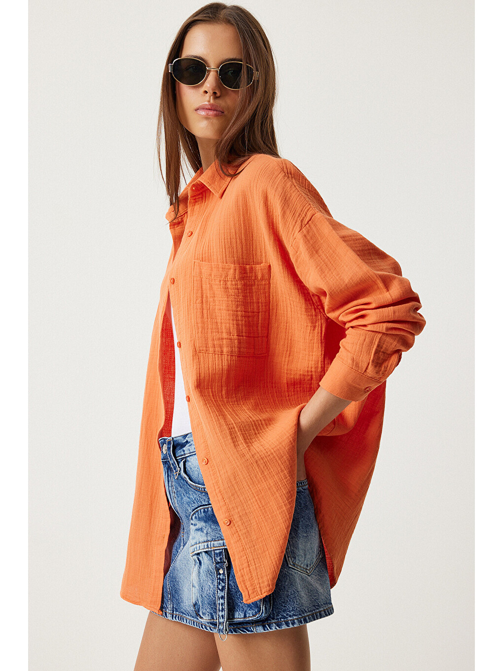 Turuncu Oversize Basic Müslin Gömlek ORANJ LMX0002-2