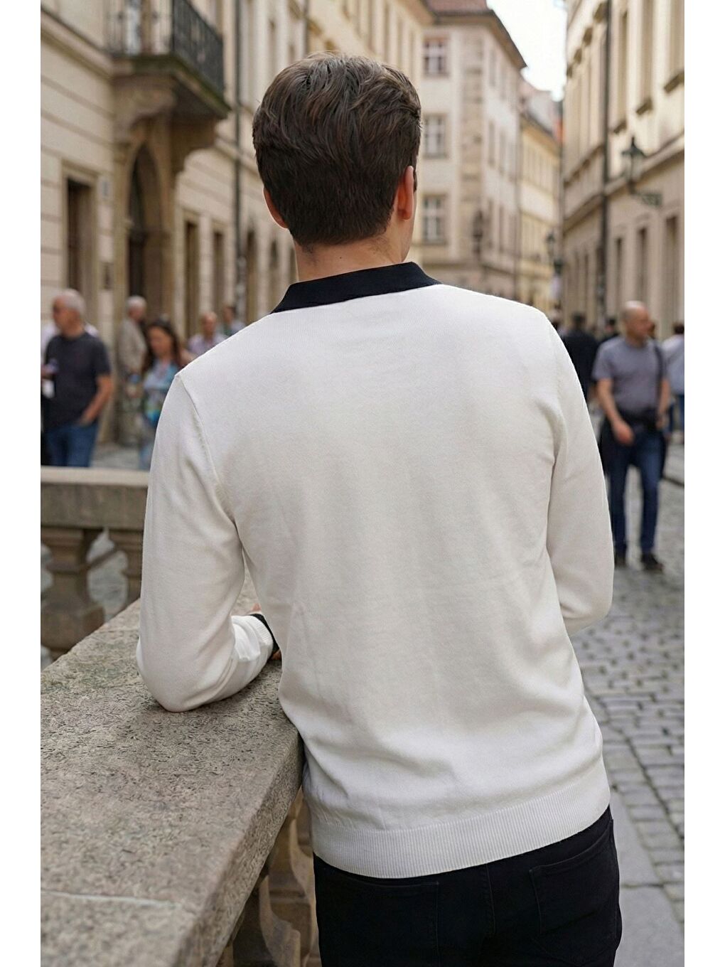 Ekru Kendinden Desenli Polo Yaka Erkek Triko Kazak-1