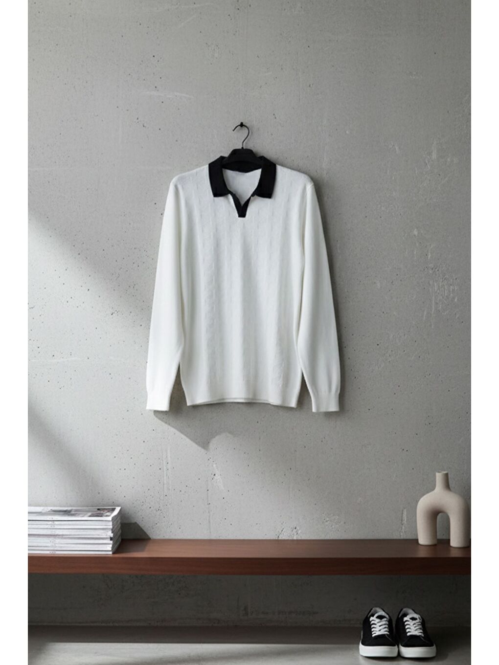 Ekru Kendinden Desenli Polo Yaka Erkek Triko Kazak-2