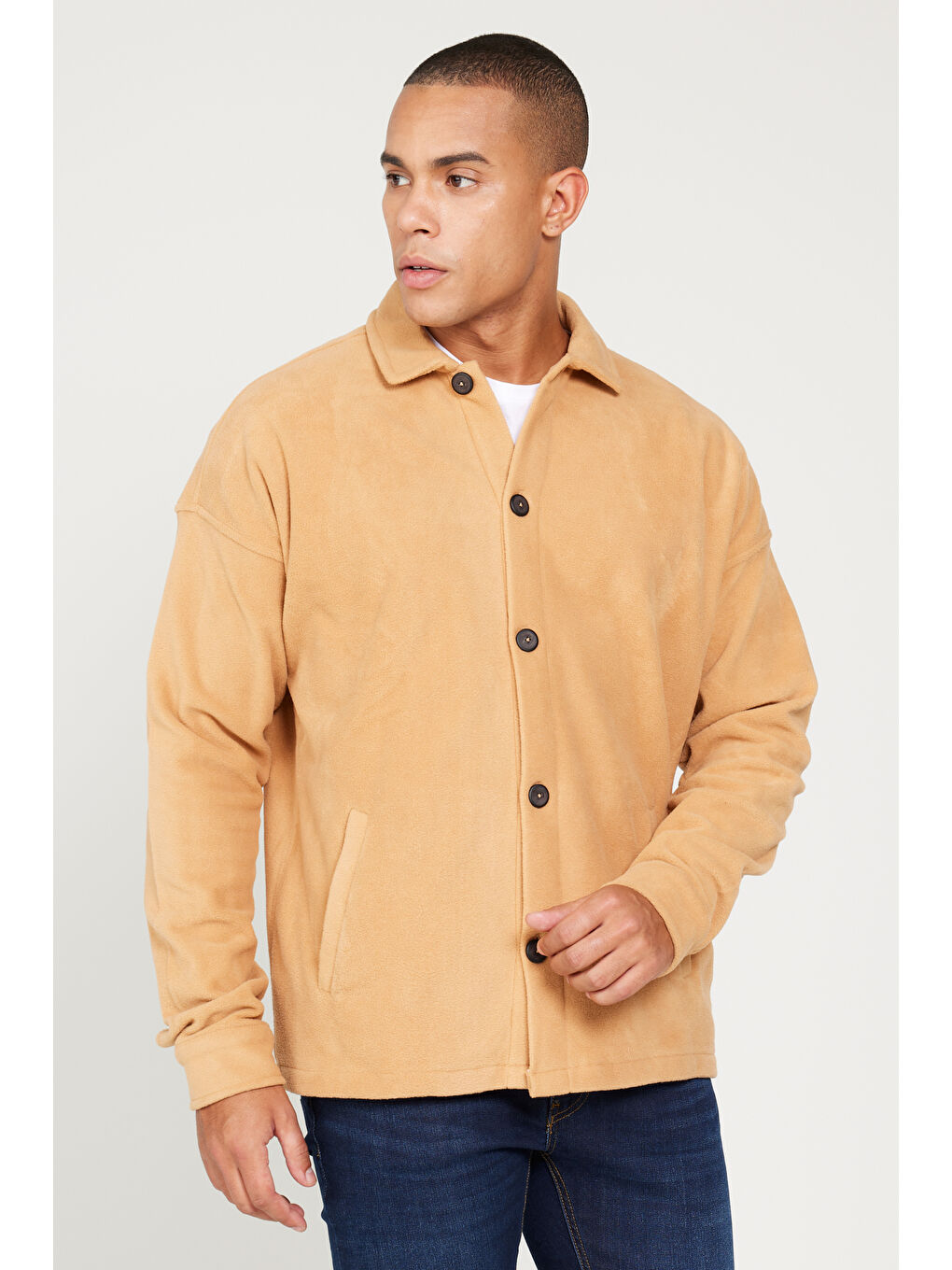 Bej Erkek Karamel Oversize Fit Geniş Kesim Klasik Yaka Tüylenme Yapmayan Kışlık Rahat Polar Gömlek