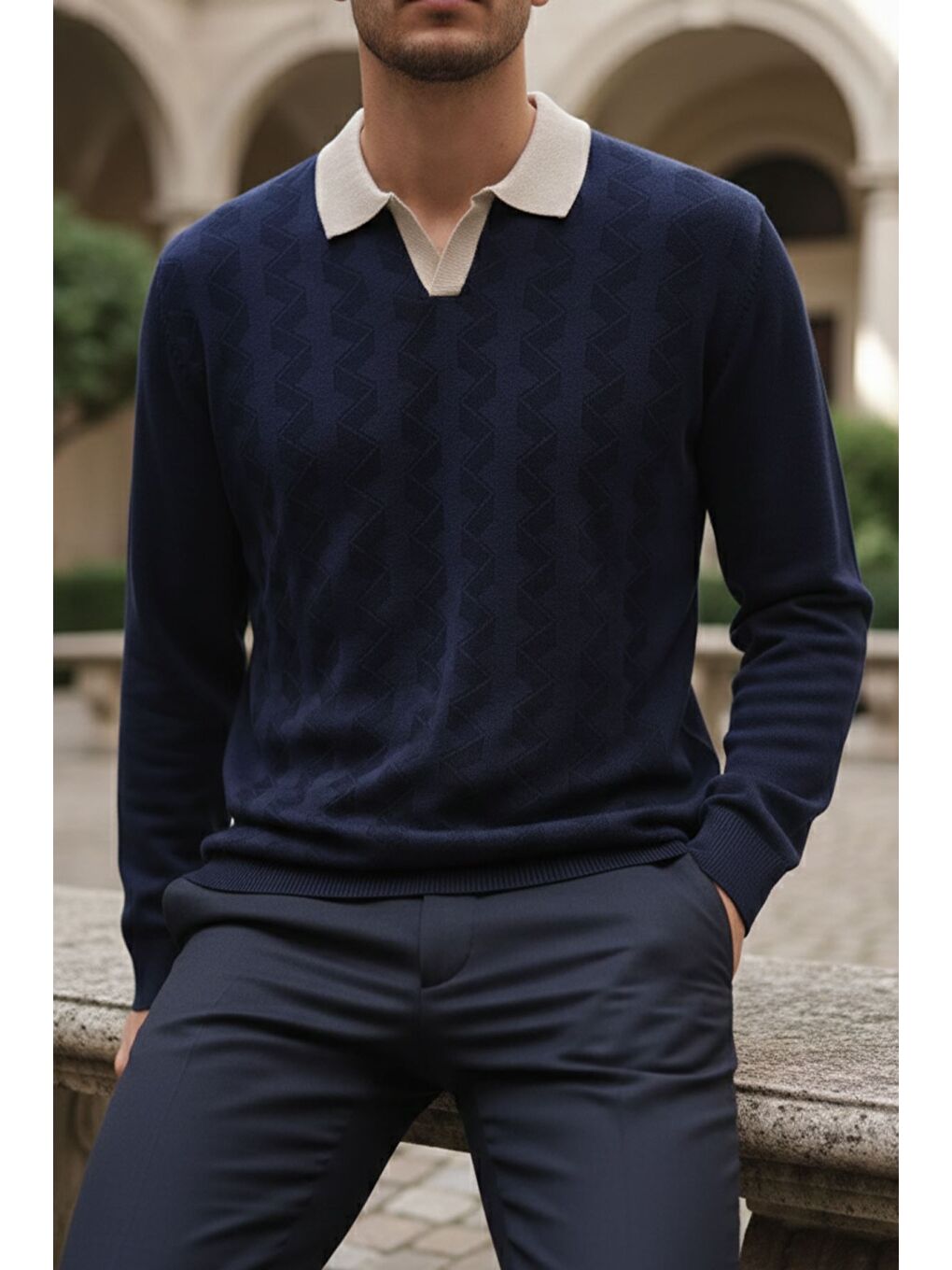 Lacivert Kendinden Desenli Polo Yaka Erkek Triko Kazak