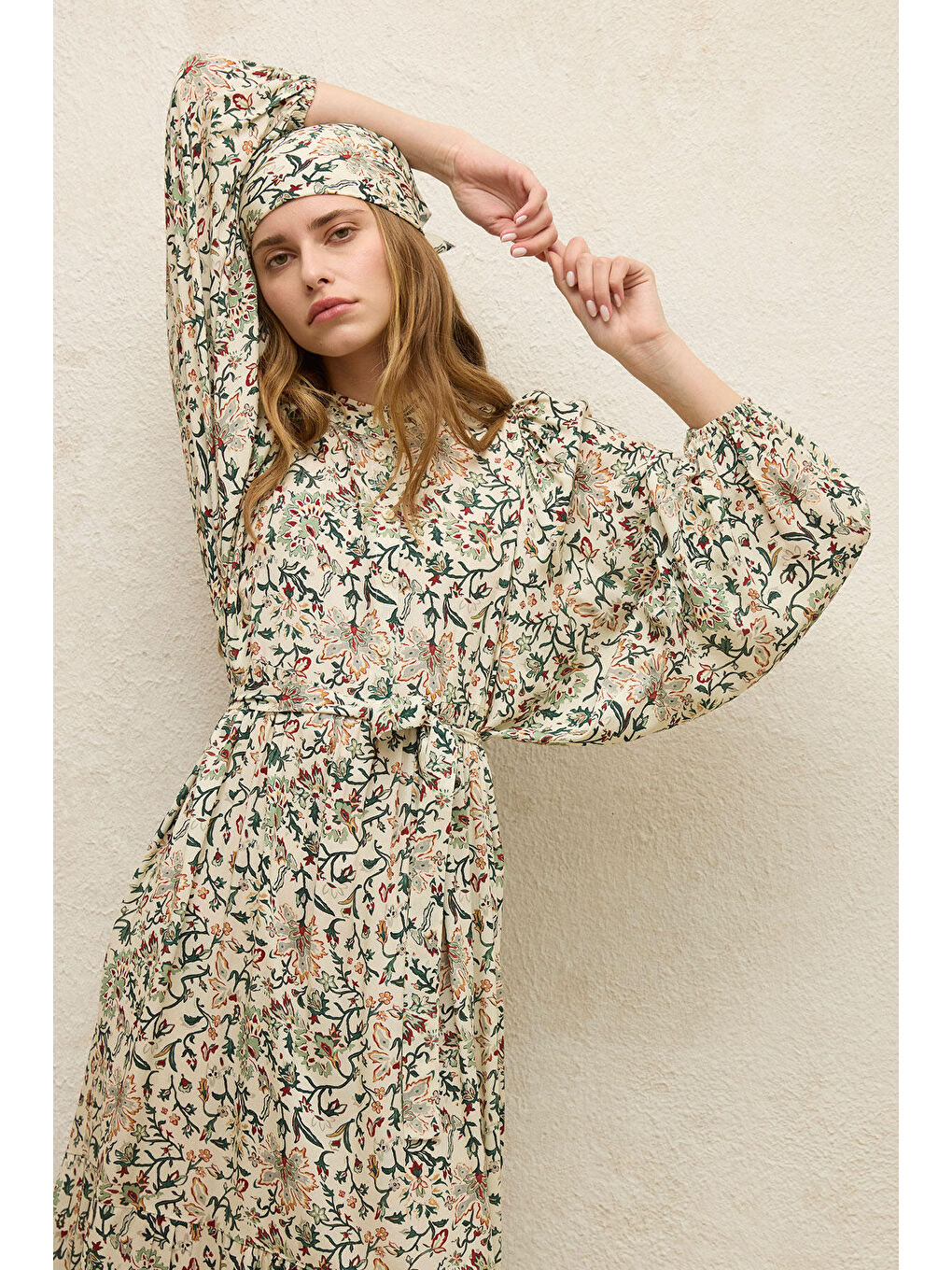 Ekru Viskon Balon Kol Elbise Ira-6