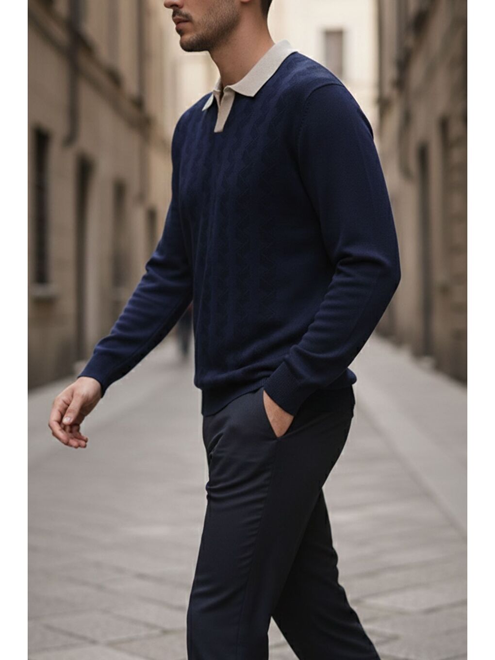 Lacivert Kendinden Desenli Polo Yaka Erkek Triko Kazak-1