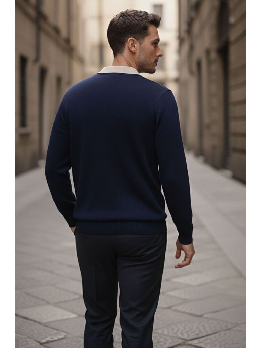 Lacivert Kendinden Desenli Polo Yaka Erkek Triko Kazak-2