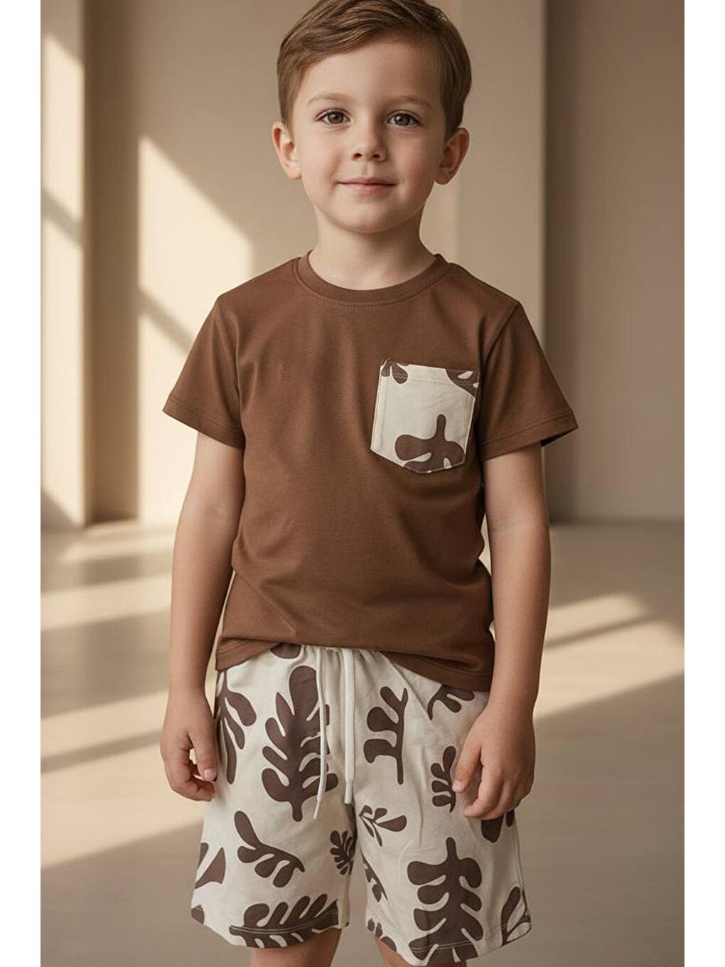Kahverengi Erkek Çocuk Pamuklu Baskılı Cep Detaylı T-Shirt Ve Şort 2'Li Takım-3