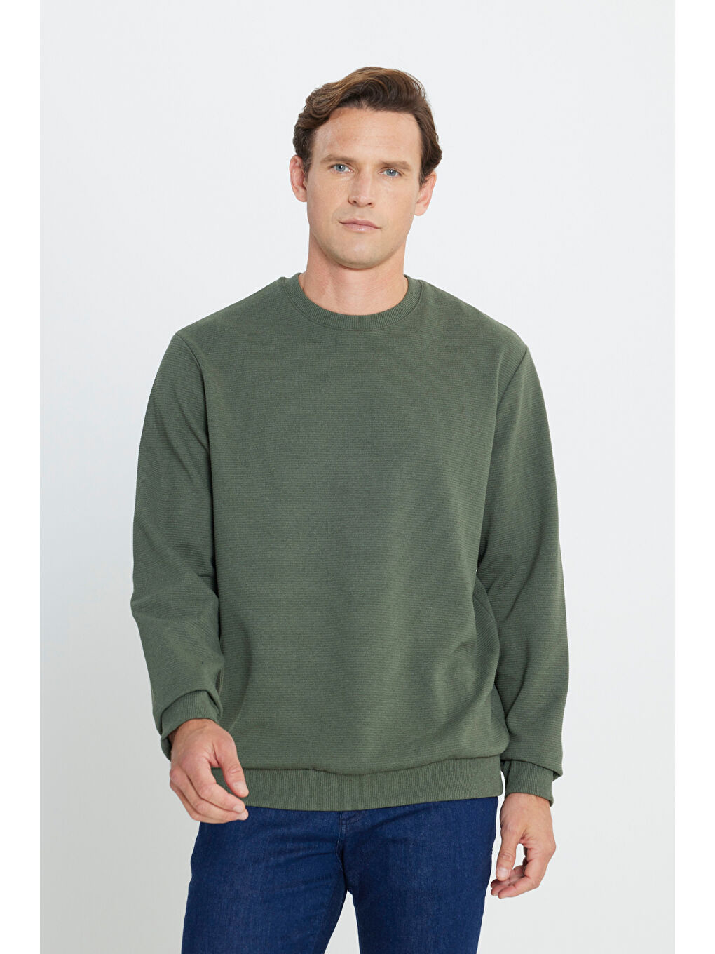 Erkek Haki 2 İplik Sıcak Tutan Standart Fit Normal Kesim Bisiklet Yaka Dokulu Sweatshirt