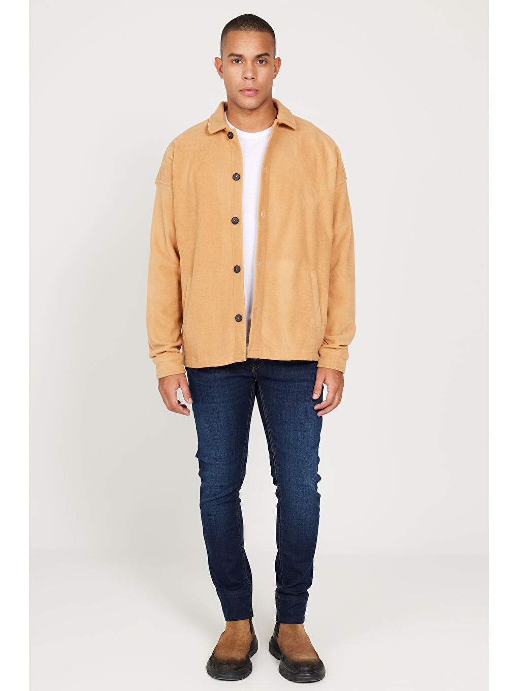 Bej Erkek Karamel Oversize Fit Geniş Kesim Klasik Yaka Tüylenme Yapmayan Kışlık Rahat Polar Gömlek-1