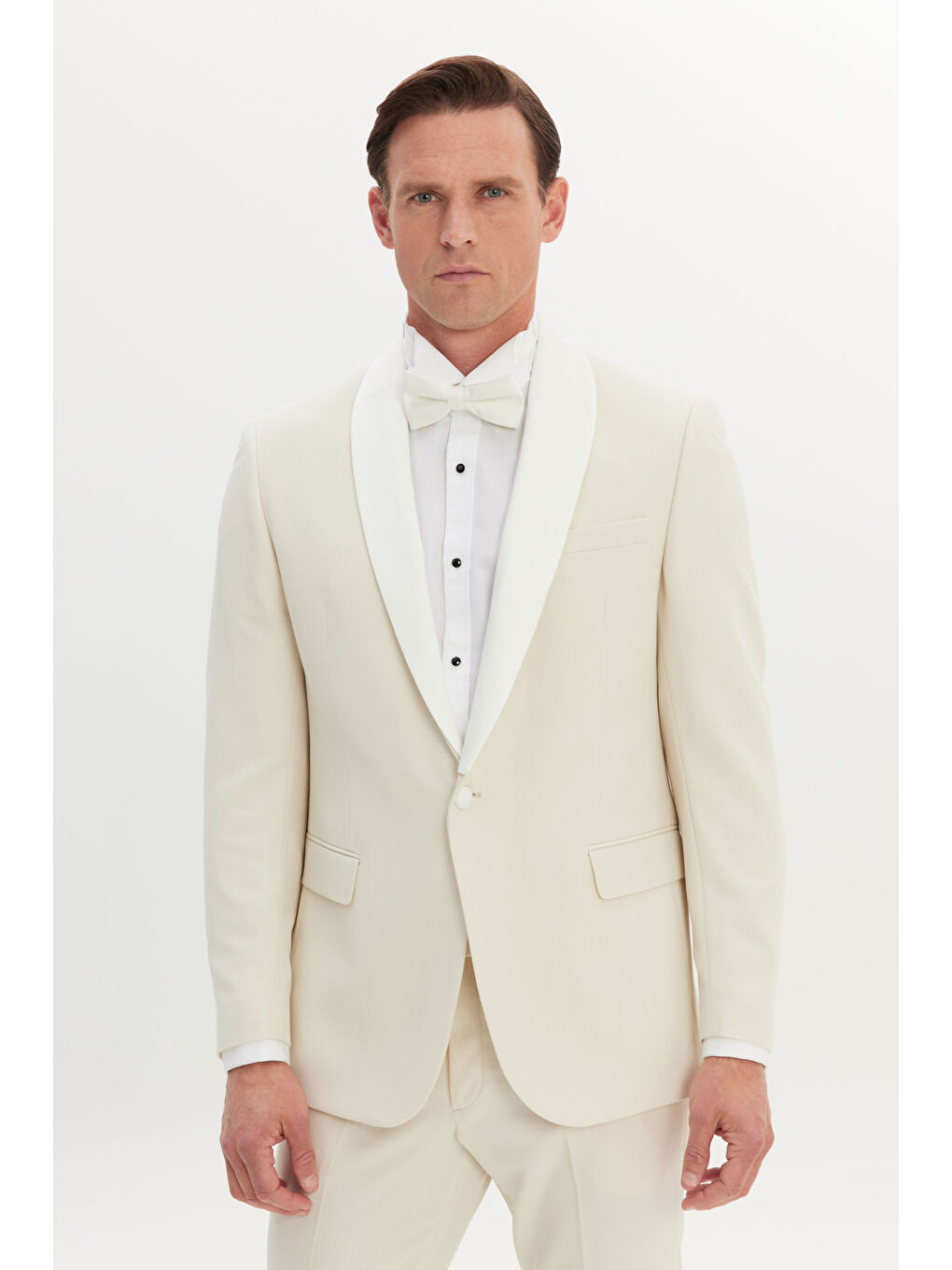 Erkek Ekru Slim Fit Dar Kesim Çıkma Şal Yaka Kapak Cepli Esnek Damatlık Smokin Takımı