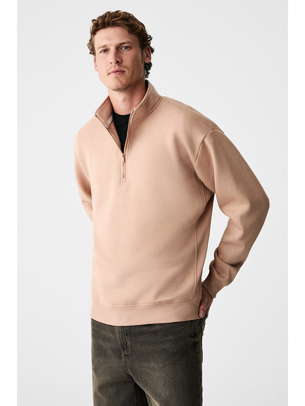 Bej BAXTER Erkek Dik Yakalı Fermuarlı Relaxed VİZON Sweatshirt-4
