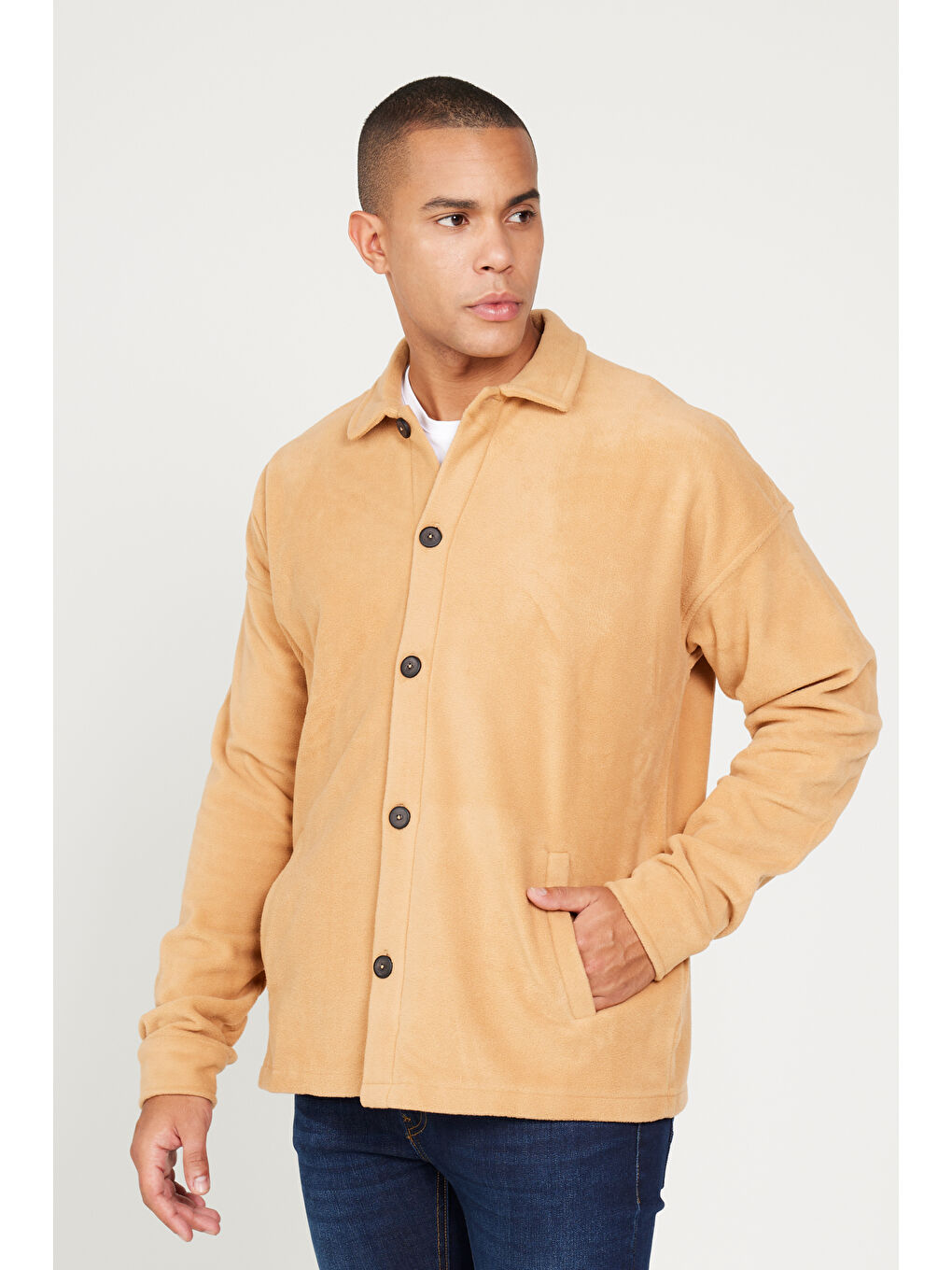 Bej Erkek Karamel Oversize Fit Geniş Kesim Klasik Yaka Tüylenme Yapmayan Kışlık Rahat Polar Gömlek-3