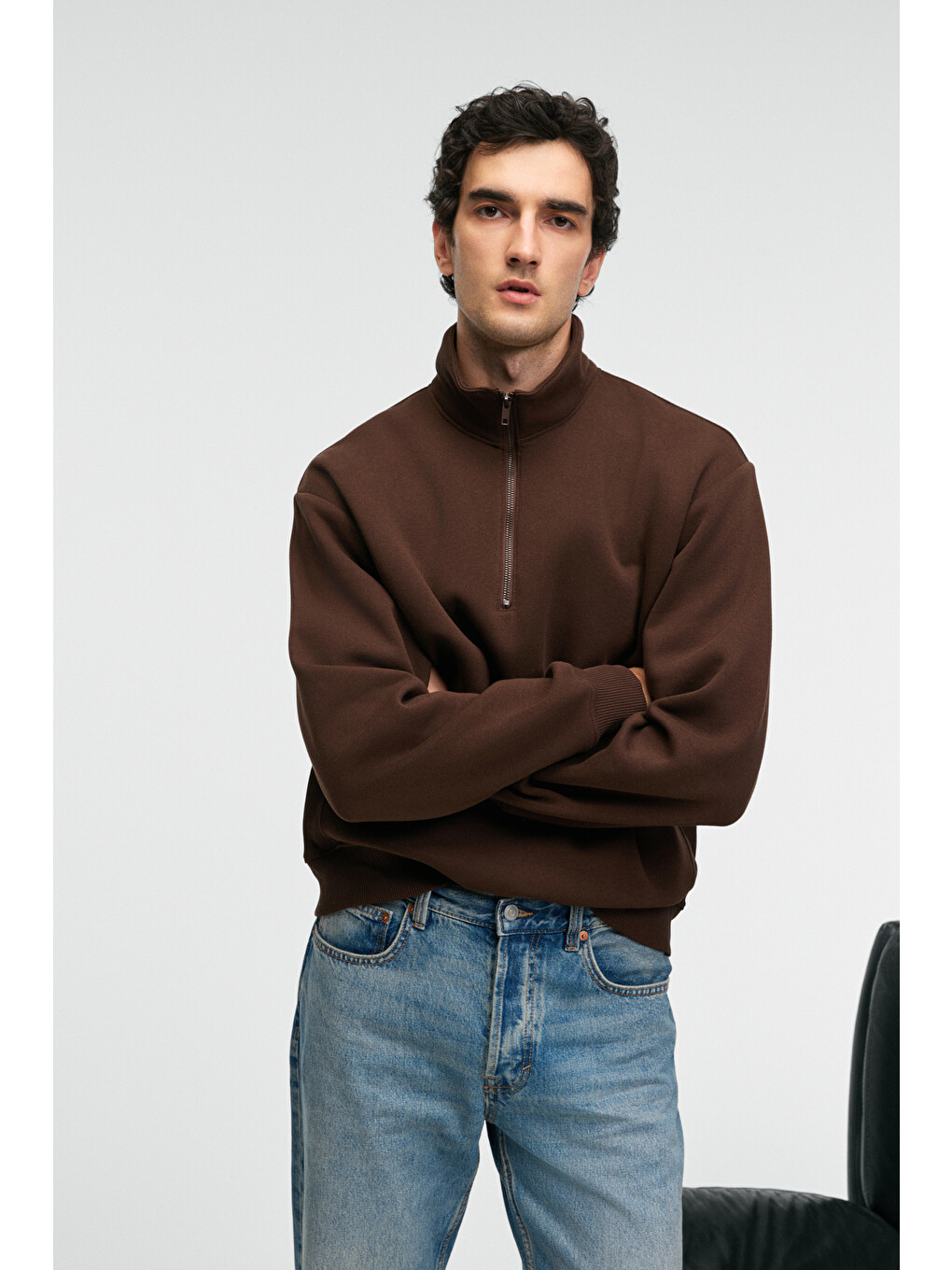 Kahverengi BAXTER Erkek Dik Yakalı Fermuarlı Relaxed KAHVERENGİ Sweatshirt-3