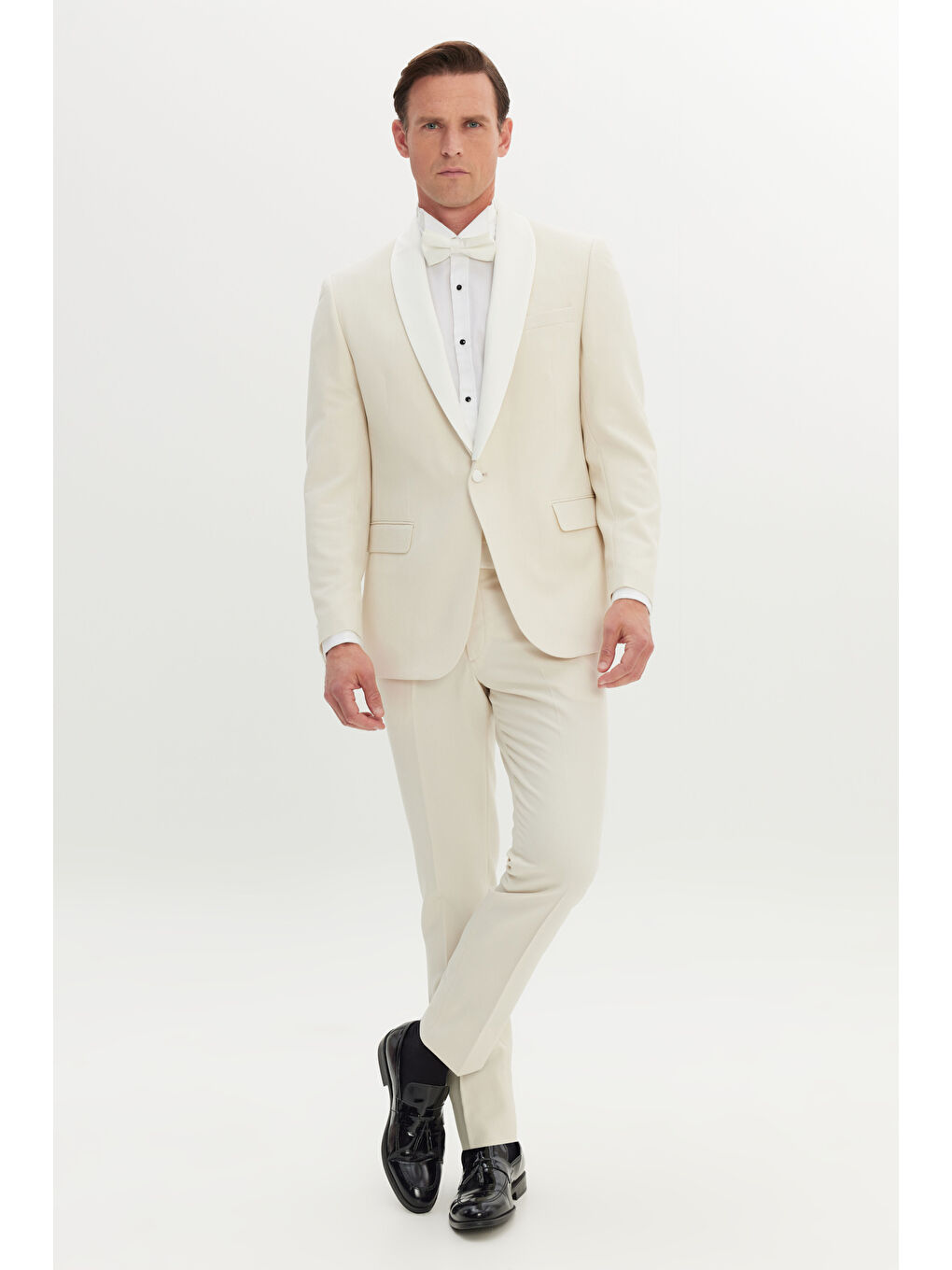 Erkek Ekru Slim Fit Dar Kesim Çıkma Şal Yaka Kapak Cepli Esnek Damatlık Smokin Takımı-1