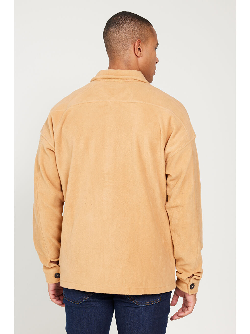 Bej Erkek Karamel Oversize Fit Geniş Kesim Klasik Yaka Tüylenme Yapmayan Kışlık Rahat Polar Gömlek-4