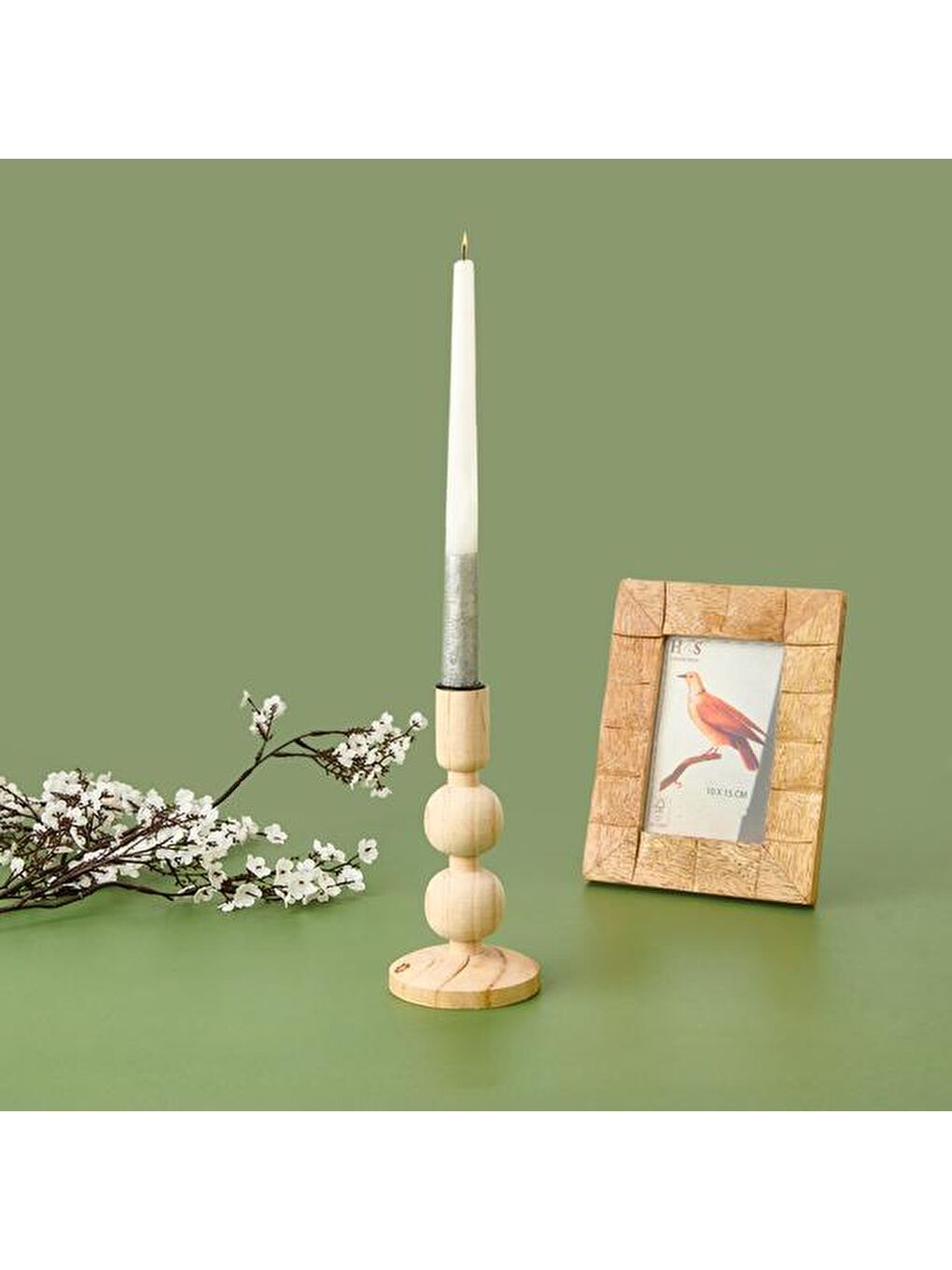 Ekru Konik Ahşap Şamdan - Krem - 9,5x9,5x17,5 cm