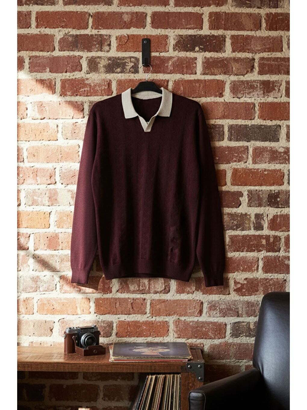 Mürdüm Kendinden Desenli Polo Yaka Erkek Triko Kazak-2