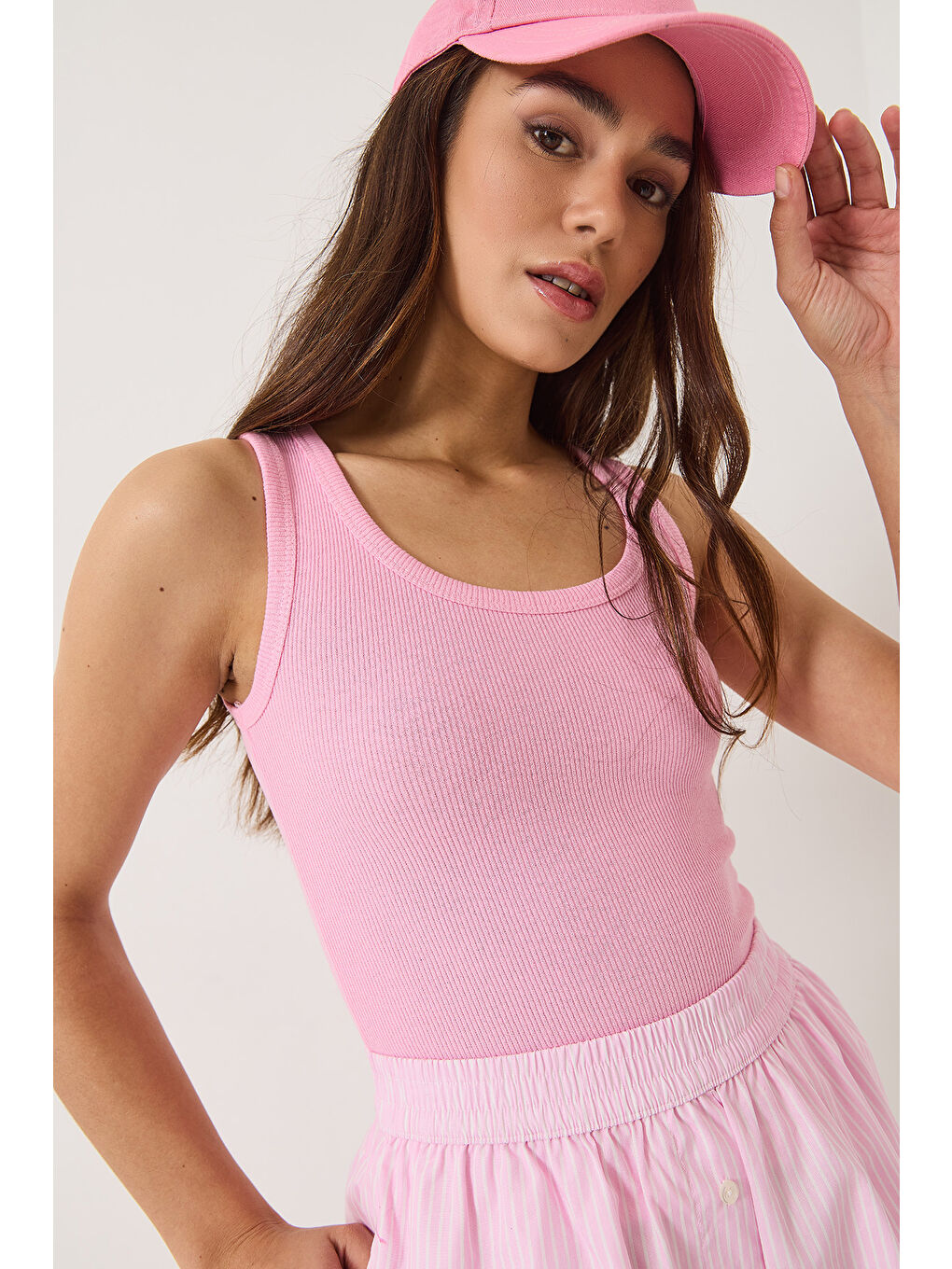 Pembe Kadın Fitilli Görünümlü Kalın Askılı Kaşkorse Basic Atlet