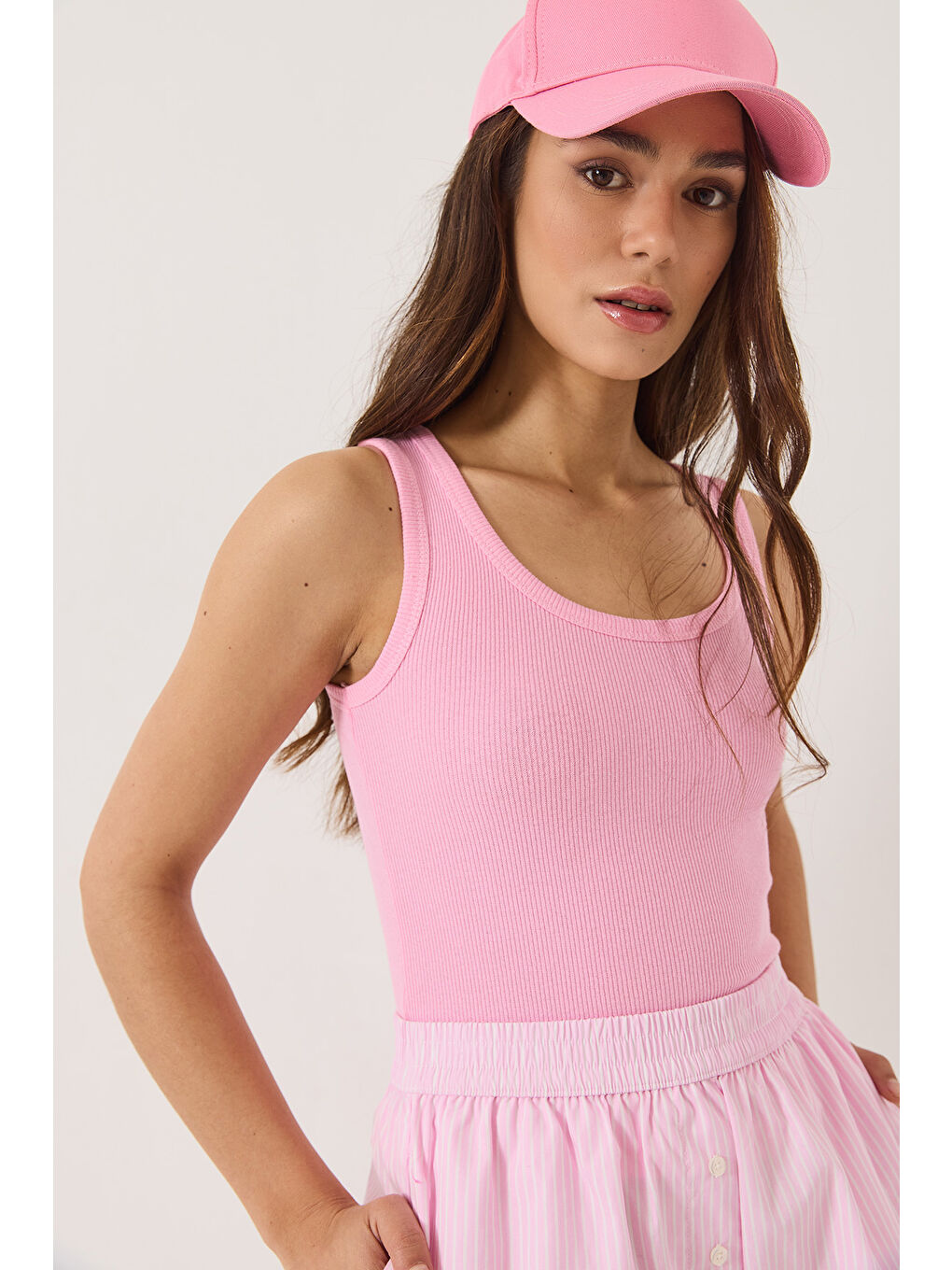 Pembe Kadın Fitilli Görünümlü Kalın Askılı Kaşkorse Basic Atlet-1