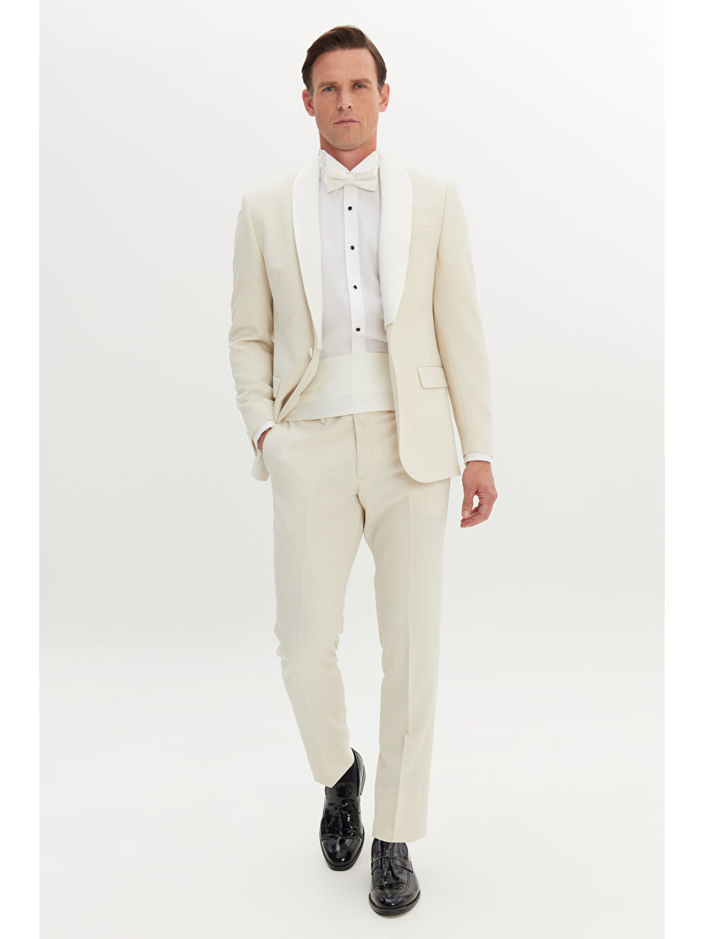 Erkek Ekru Slim Fit Dar Kesim Çıkma Şal Yaka Kapak Cepli Esnek Damatlık Smokin Takımı-2