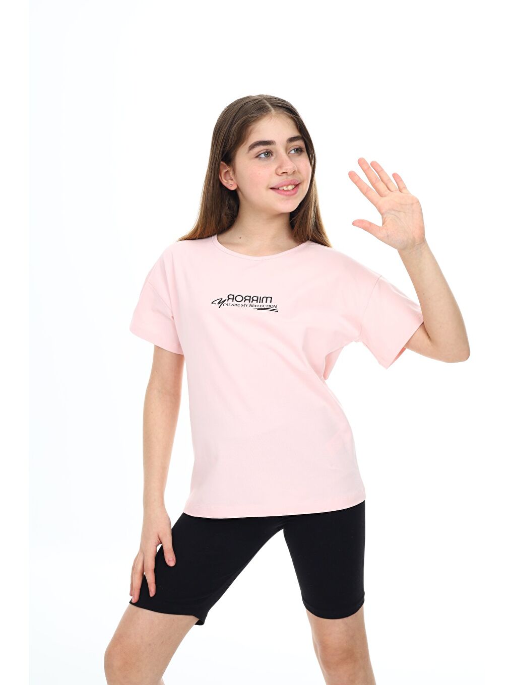 Pembe Kız Çocuk Baskılı Bisiklet Yaka Kısa Kollu Tişört-1